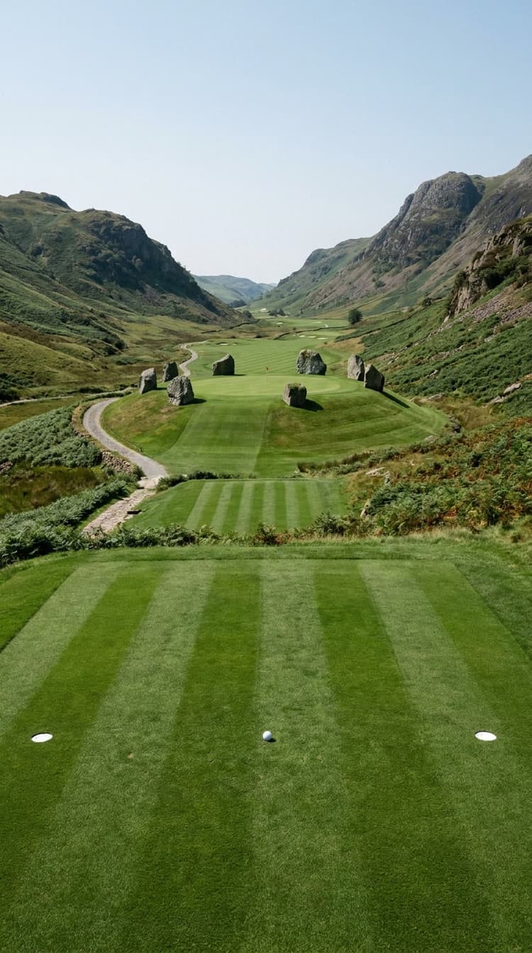 AI-imagined golf hole: a par 3 down a Lakeland valley to a green on a steep mown knoll ringed by six giant glacial boulders