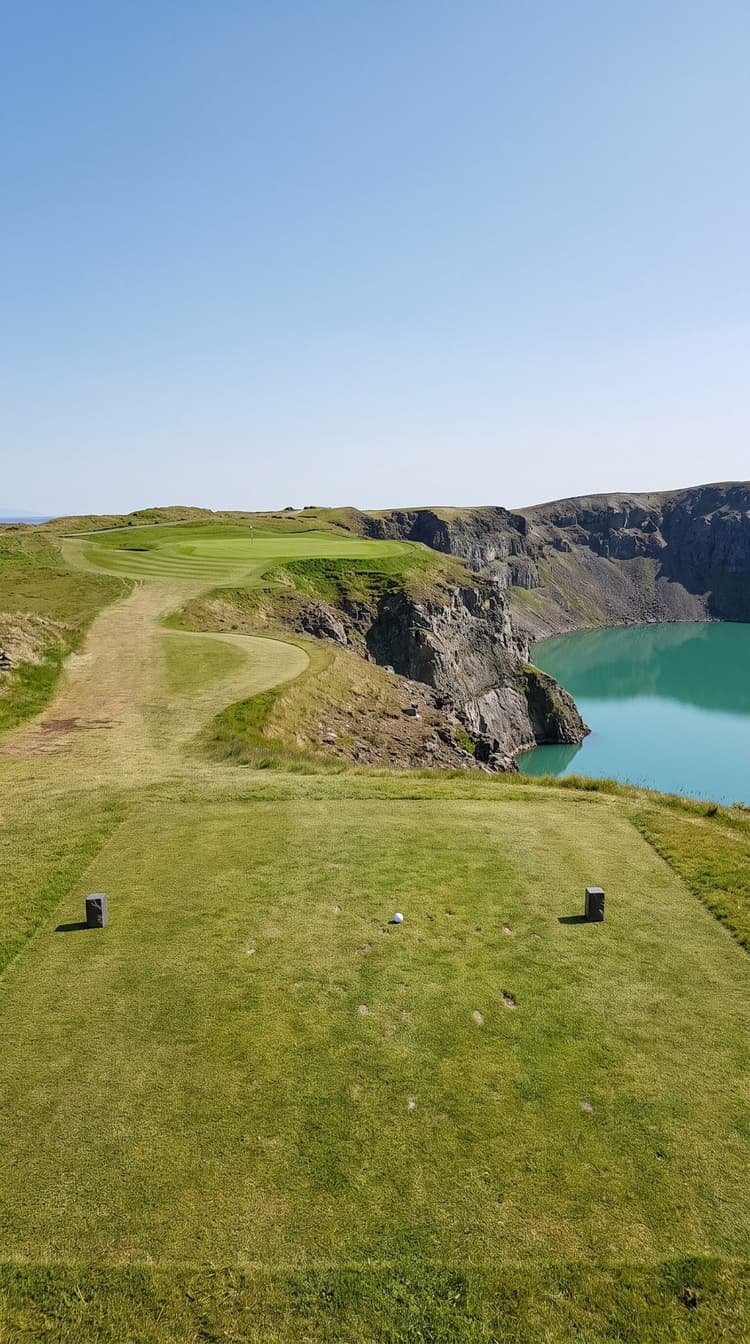AI-imagined golf hole: a long par 3 along the rim of a flooded volcanic crater