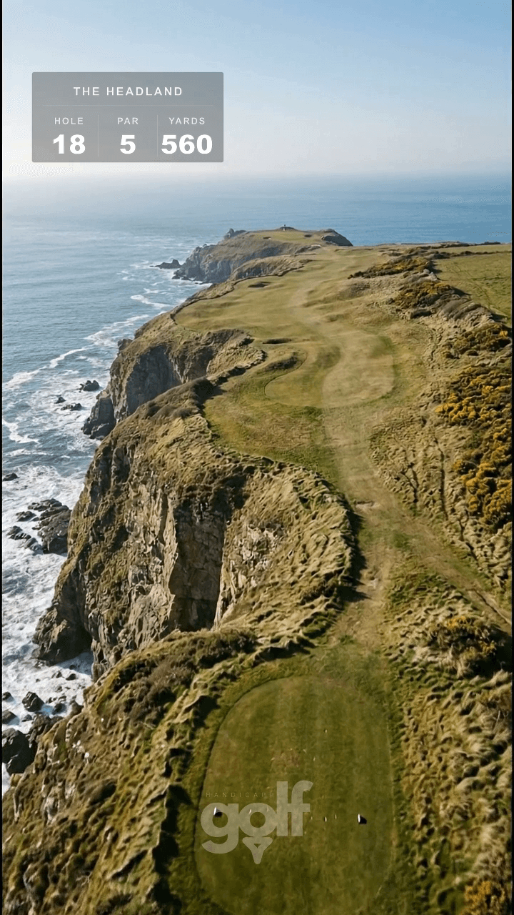 AI-imagined golf hole: a long par 5 running along the top of dramatic sea cliffs to a green out on a headland point