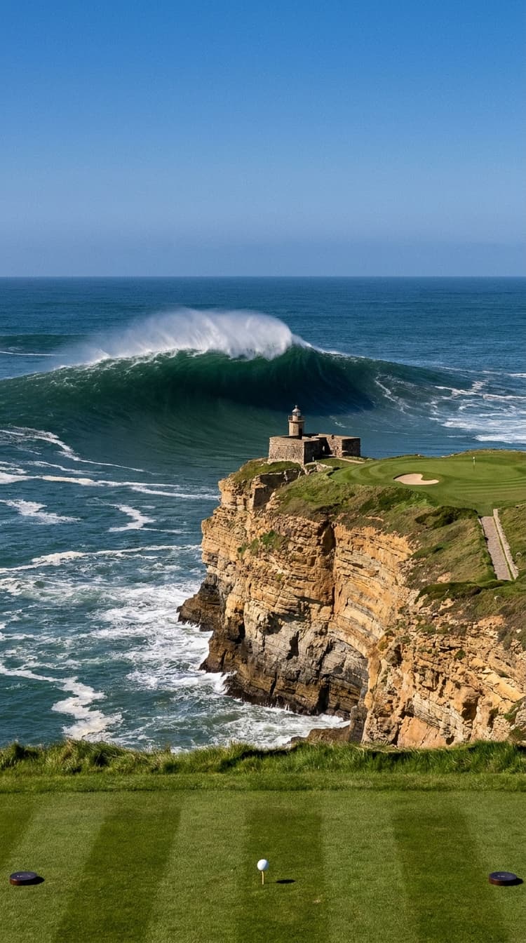 A par 3 played along the top of a high sea cliff, from a clifftop tee to a green on a grassy promontory further along the headland, with a small stone fort and lighthouse on the point and an enormous ocean wave rearing up in the bay below, its crest reaching two thirds of the height of the cliff and spray tearing backwards off the lip in the offshore wind