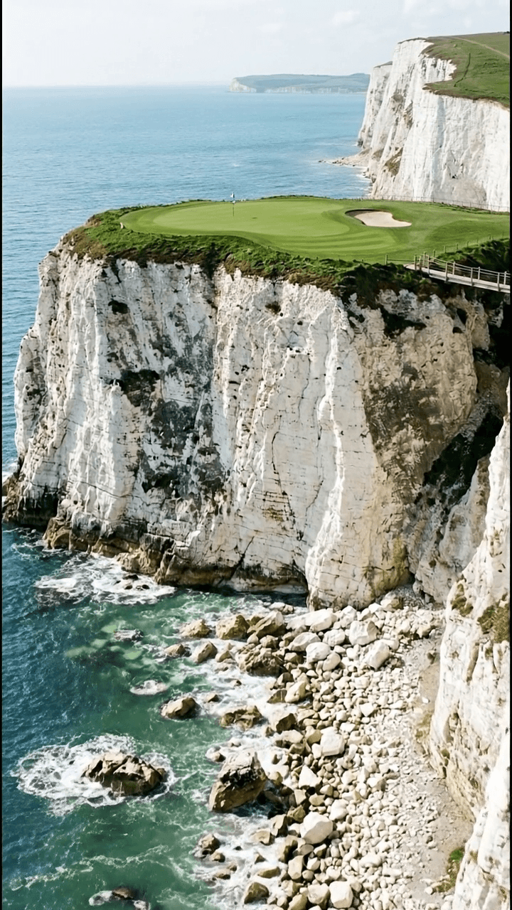 A par 3 played from a striped clifftop tee across a gap in the chalk cliffs to a green on the flat top opposite, a sheer white chalk face falling hundreds of feet to boulders and clear green water below, a timber boardwalk running out to the green on the right