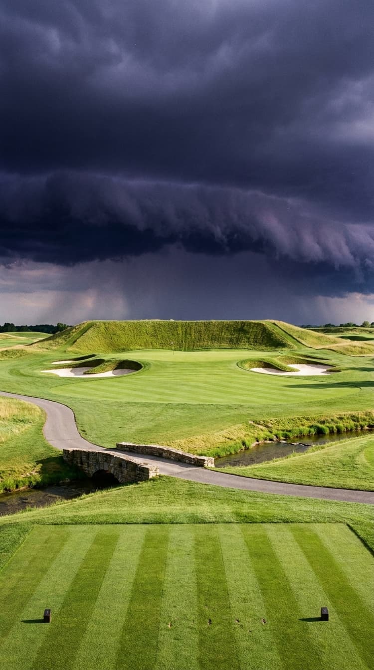 A short par 3 on an immaculate parkland course, played across a small stream to a green with a deep shadowed hollow running the full width behind it at the foot of a huge steep bank of rough grass, white raked bunkers cut into the mounding either side, the turf lit brilliantly by low sun while an enormous black shelf cloud fills the sky behind with rain falling in the distance