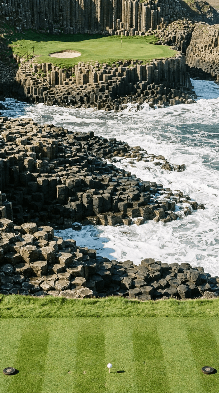 A par 3 played across the sea to a green on the flat top of a raised block of hexagonal basalt columns, thousands of packed grey columns stepping down in tiers into white foaming water, with a cliff of vertical columns standing behind like organ pipes
