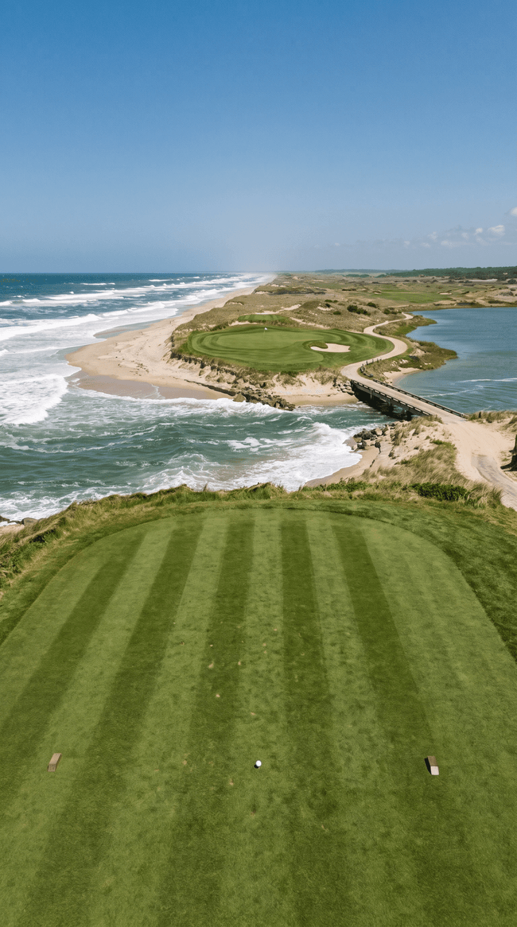 AI-imagined golf hole: a par 3 played along a narrow pale sand spit with open ocean on the left and a calm lagoon on the right, cut clean through part way along by a fast green channel pouring from the surf side into the lagoon, a timber footbridge on piles crossing it, and the green out on the far piece of the spit