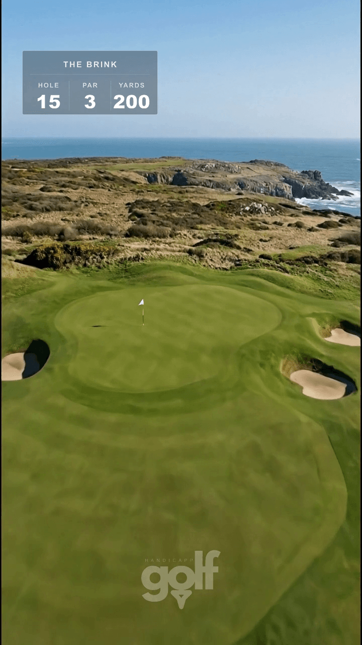 AI-imagined golf hole: a par 3 to a green perched on the very edge of the sea cliffs, ocean on three sides