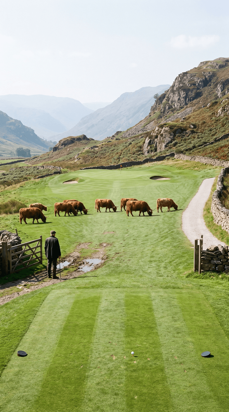 A short par 3 across a working hill farm in a Lakeland valley, from an immaculate striped tee to a green ringed by crags with a bunker either side, a herd of Highland cattle standing on the mown ground between them having come through an open field gate, a drover waiting by the gate, and a clean gravel cart path running up the right beside a dry stone wall