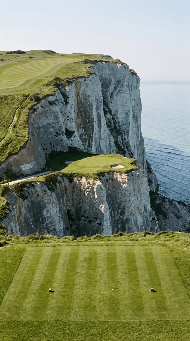 AI-imagined golf hole: a short par 3 played across open air from a clifftop tee to a green on a narrow shelf partway down a colossal white chalk sea cliff, the chalk rising hundreds of feet above the green and falling hundreds of feet below it to a boulder beach and breaking sea, with a bare cut path traversing in to the back of the green and no wall or railing of any kind along it