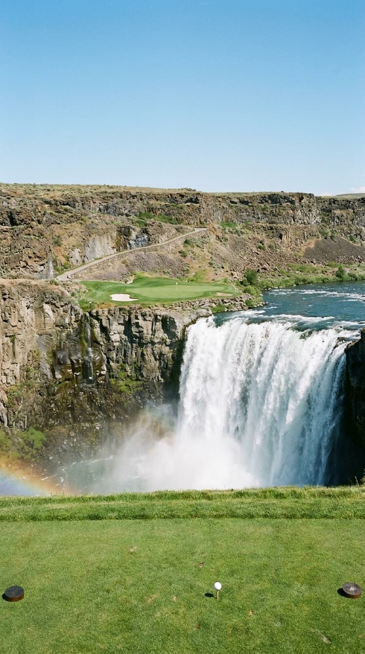 A long par 3 played across a river gorge to a green on a broad grassy ledge at the very lip of a wide waterfall, the whole river pouring over the edge beside the green into a deep plunge pool far below with spray rising and a rainbow standing in it