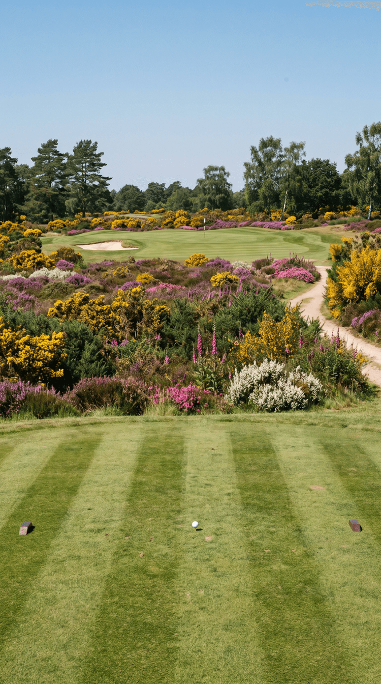 AI-imagined golf hole: a short par 3 played from a striped heathland tee straight over a deep bank of flowering gorse, heather and foxgloves in yellow, purple, pink and white to a green set into the heath beyond, one pale bunker short left of the putting surface, a sandy cart path curling up the right hand side and pines and silver birch along the horizon