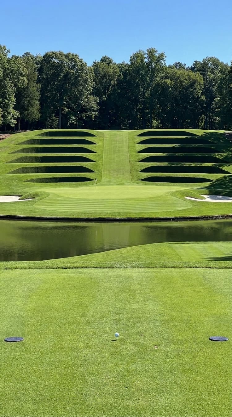 AI-imagined golf hole: a short parkland par 3 played across a pond to a green beneath a vast terraced grass amphitheatre, with a smooth mown chute running down its centre