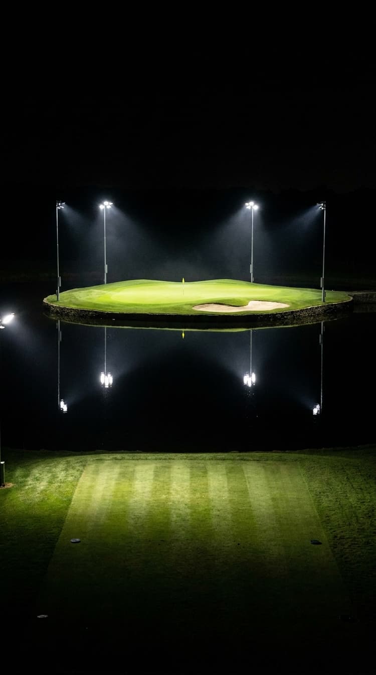 A par 3 played at night across dead still black water to an island green lit by four floodlight towers, the luminous green turf and its single flag the only colour in an otherwise black frame, the whole lit island mirrored perfectly in the water below it