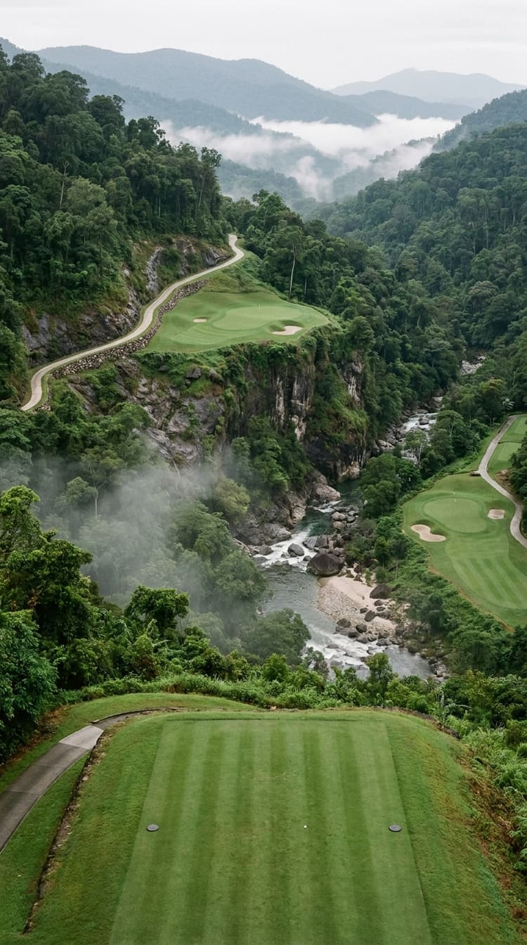 A long par 3 played steeply downhill from a ridge tee across a deep rainforest gorge, to a green on a shelf whose front edge falls away down a sheer mossy cliff to a river running white over boulders far below, a pale cart path traversing the far wall on a cut ledge behind a stone parapet, cloud hanging inside the gorge and a neighbouring green visible on flatter ground away to the right