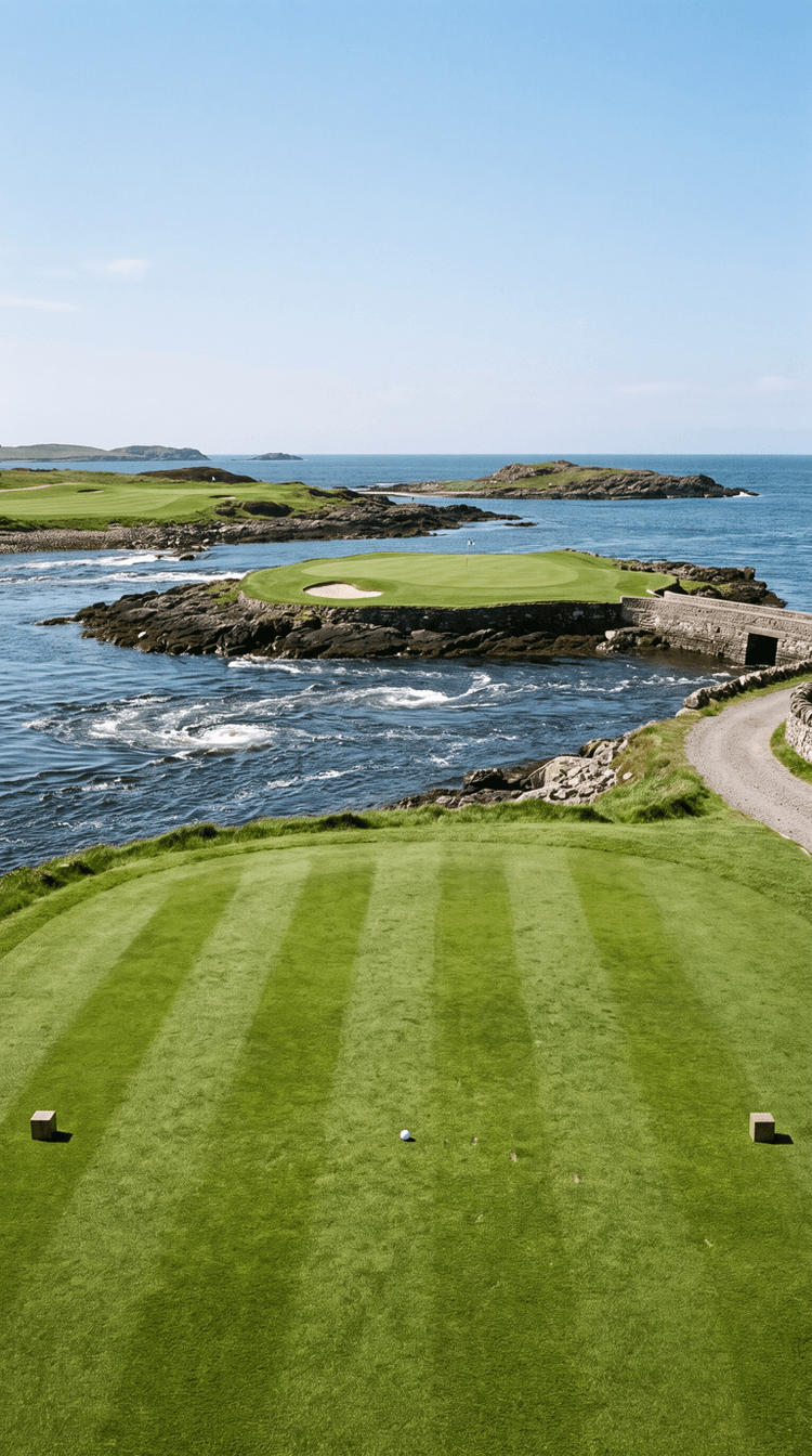 AI-imagined golf hole: a par 3 played from a striped tee out to a green on a flat platform of dark bedrock in the middle of a tidal race, the sea around it drawn into smooth shearing seams, boils and slow turning whirlpools, with a low fitted stone causeway running out from the right hand shore to the back of the green and bare rocky islands beyond