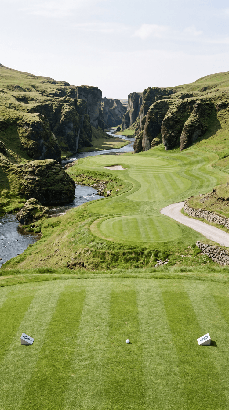 AI-imagined golf hole: a par 3 played along the rim of a serpentine Icelandic canyon whose rounded rock fins and buttresses are upholstered in deep emerald moss, with a clear river winding over pale gravel bars on the floor below, a mown fairway following the curve of the rim and a green with one pale bunker on a promontory where the canyon bends