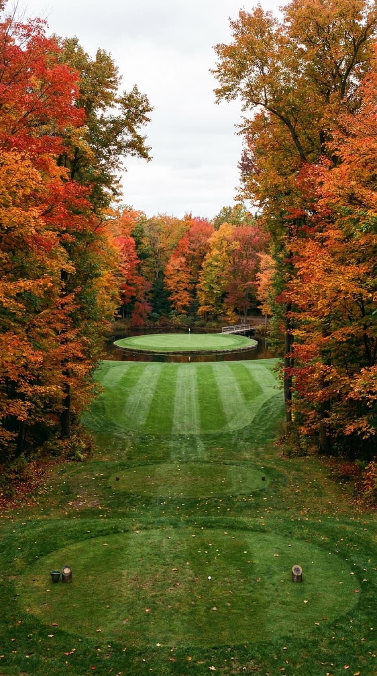 AI-imagined golf hole: a par 3 threading a tight avenue of blazing autumn trees to an island green ringed by water, reached by a low walkway at the back