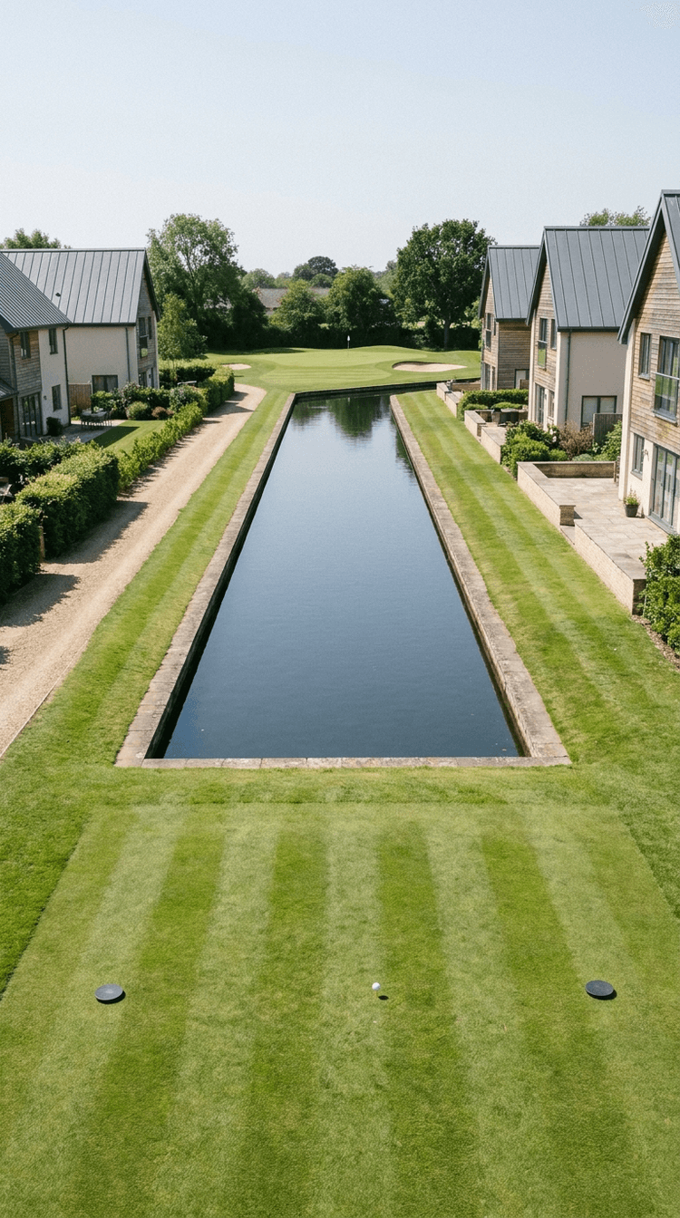 A short par 3 played entirely across water, down a long rectangular canal with a stone kerb along each side, running between two facing rows of contemporary houses whose terraces and gardens come almost to the water's edge, to a green with one bunker at the far end