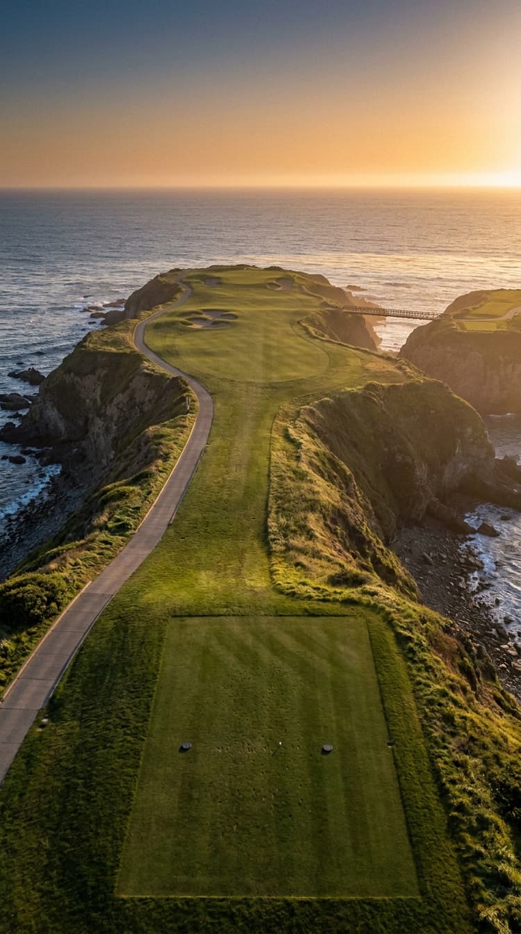 A short par 4 at sunset played out along a narrow finger of coastal land, ravines falling away on both sides to rocks and surf far below, a cart path running the length of the left edge, bunkers staged down the fairway and a small green at the tip with open ocean beyond it