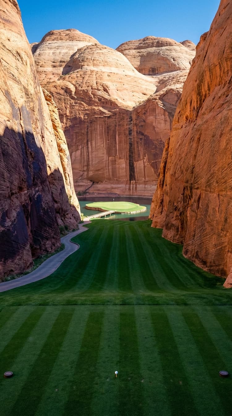 A par 3 played from a tee on the floor of a narrow orange sandstone canyon, straight across still dark water that fills the canyon floor, to a small island green with a single flag reached only by a low timber footbridge coming in from the right, sheer rock walls close on both sides and pale rounded sandstone domes stacked against a deep blue sky behind