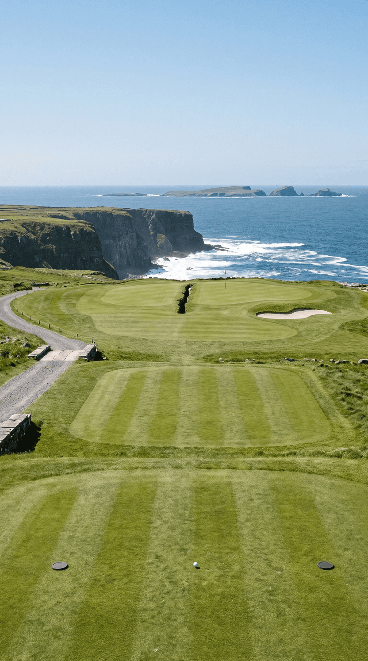 AI-imagined golf hole: a short par 3 played across limestone pavement to a green on the edge of high Atlantic sea cliffs, with a natural rock fissure about a foot wide running straight through the middle of the putting surface and the flag on the far side of it, one pale bunker front right, a gravel cart path crossing the fissures on stone slabs and low rocky islands on the horizon