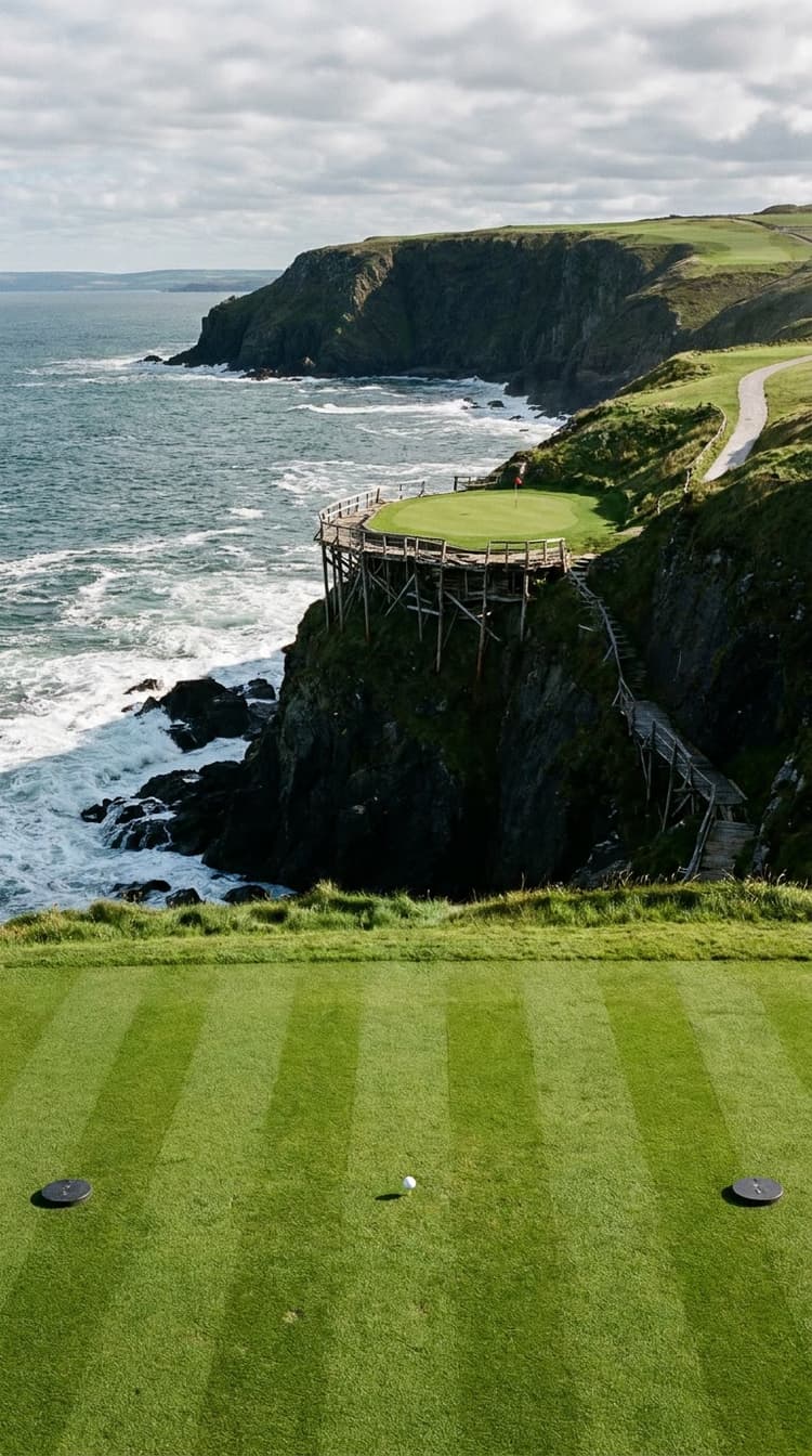 AI-imagined golf hole: a par 3 across a sea cove to a green built out of a black cliff on an old timber deck with snapped poles, a collapsed walkway down the face and Atlantic surf on the rocks below