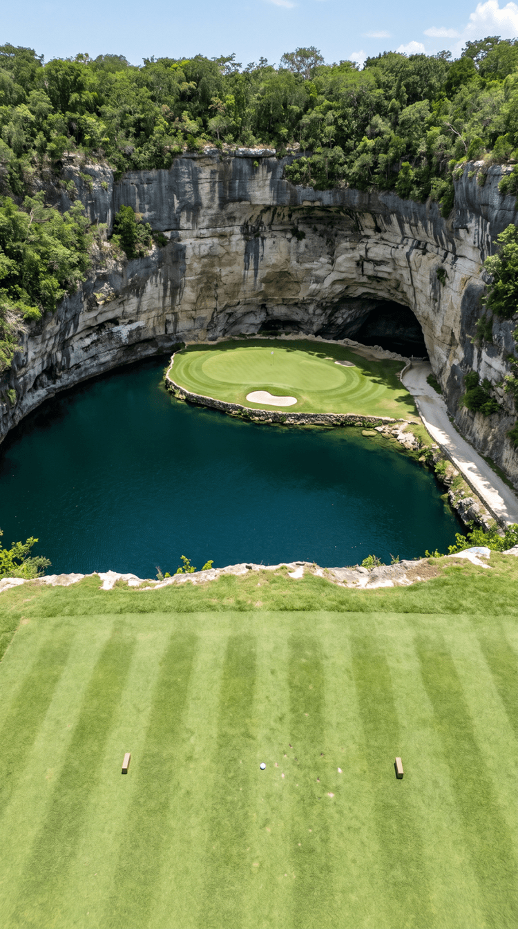 AI-imagined golf hole: a par 3 played from a striped tee on the rim of an enormous limestone pit straight down into it, the near half of the pit floor filled wall to wall with deep blue green water, the green sitting on a low rock shelf on the far side with two pale bunkers, a dark cave mouth at the foot of the right hand wall with a gravel cart path running out of it, and dense jungle crowding the rim above