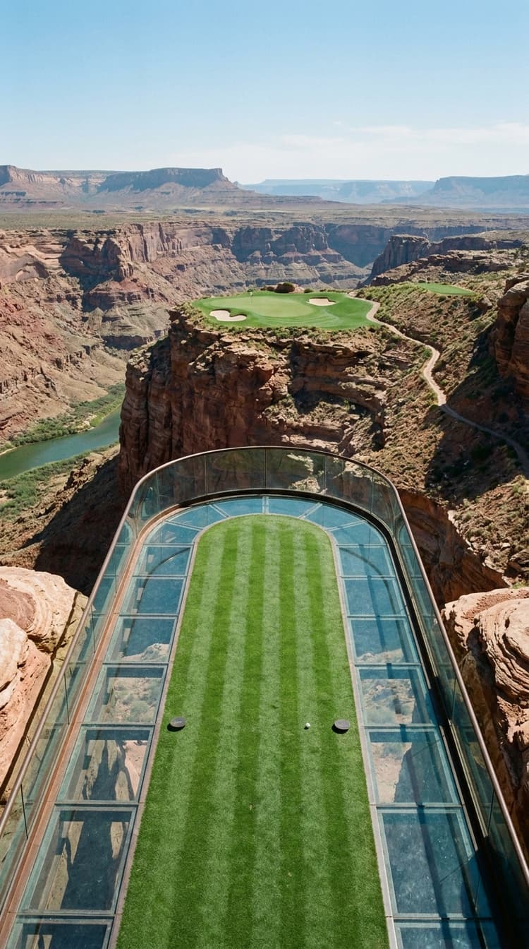 A par 3 played from a horseshoe shaped glass tee platform cantilevered out from the rim of a red sandstone canyon, a strip of striped mown turf laid down the middle of the glass with the canyon floor visible straight through it either side, to a green on the flat top of a rock butte out in the canyon with a river winding far below