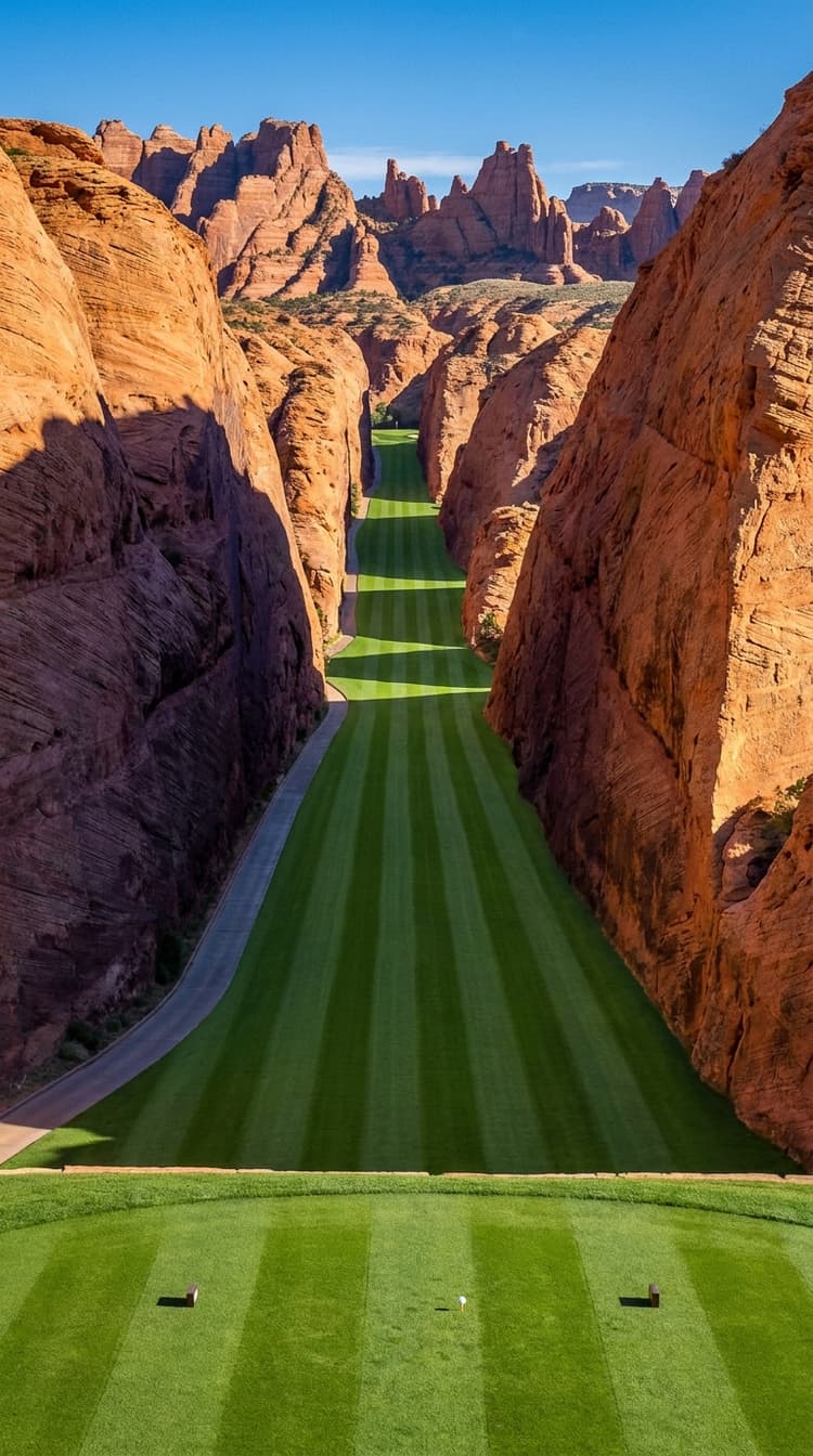 A long par 5 played down the floor of a narrow orange sandstone slot canyon, a strip of immaculate striped fairway running away between sheer rock walls that close in on both sides, crossing band after band of sunlight and shadow to a small green in the far distance, with a skyline of angular red sandstone fins and spires beyond