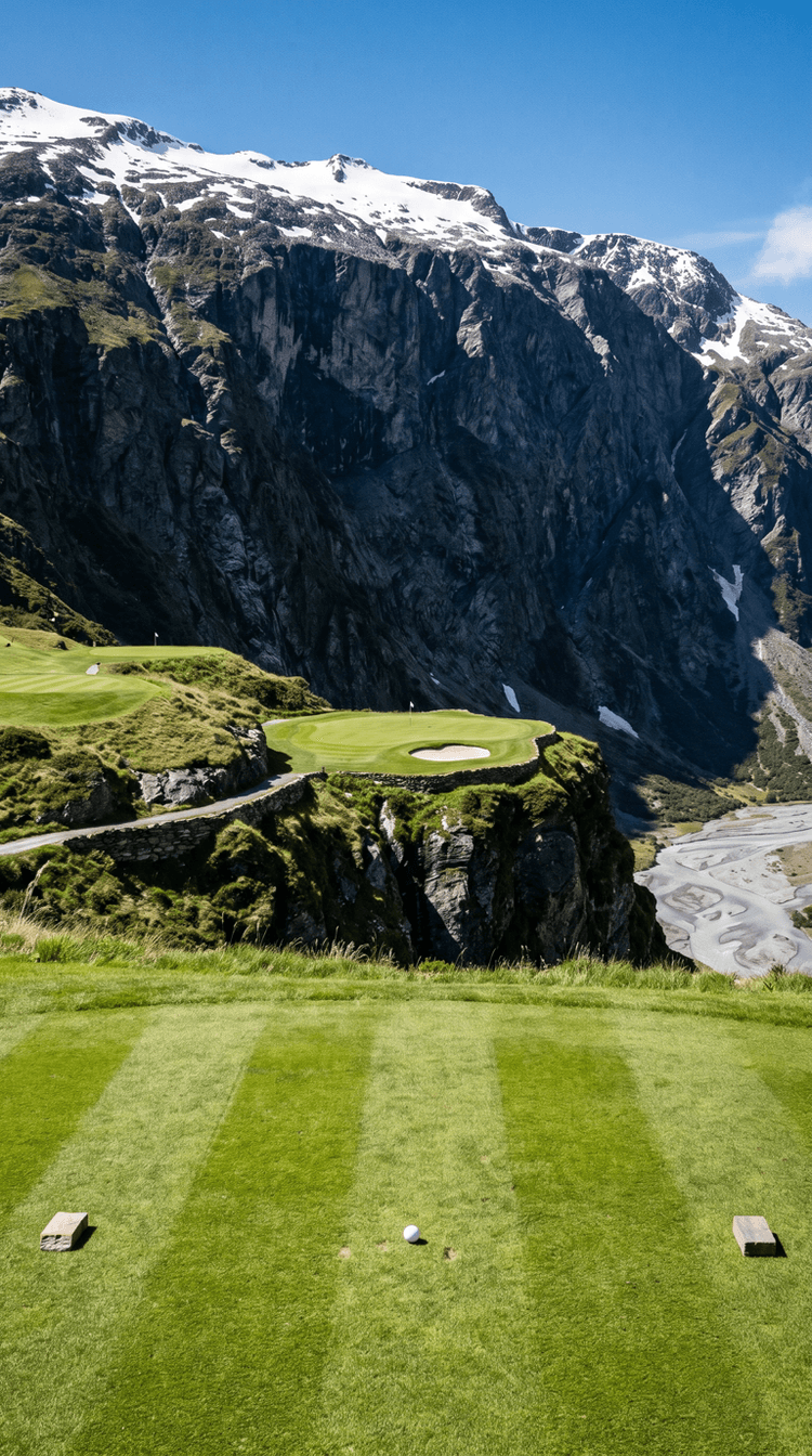 AI-imagined golf hole: a par 3 played across open air from a cut tee shelf to a green on a narrow shelf partway down a black mountain face, snowfields and a white summit ridge rising above it and a grey glacial valley with a braided milky river hundreds of feet below, a bare path traversing in to the back of the green