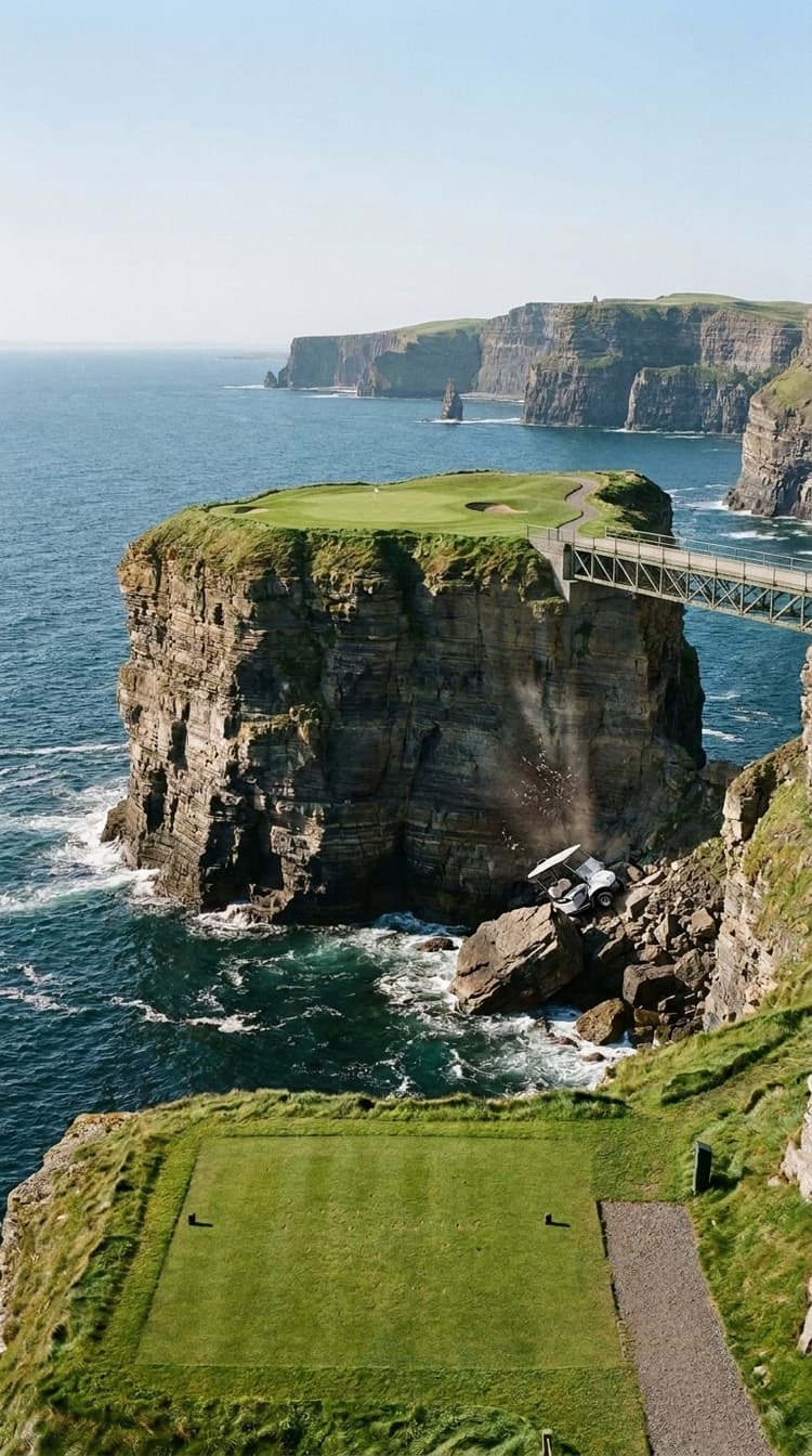 A par 3 played from a clifftop tee across open water to a green on the flat summit of a huge sea stack, reached by a slender steel footbridge from the mainland, with Atlantic surf breaking round the rock far below and a coastline of cliffs running away behind