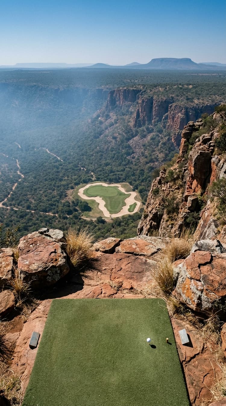 AI-imagined golf hole: a clifftop par 3 in the African bushveld, the tee a slab of turf on bare red rock four hundred metres above a green cut in the shape of Africa and ringed by sand