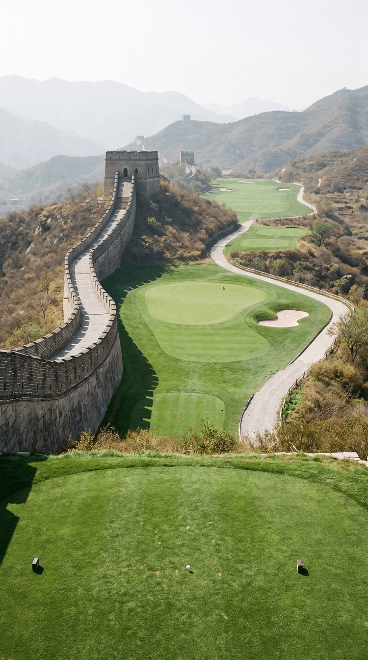 AI-imagined golf hole: a short par 3 dropping downhill from a high tee, an ancient stone frontier wall with battlements and a square watchtower running tight along the whole left side of the hole and past the green, with more fairways and greens following the same ridge into the haze beyond