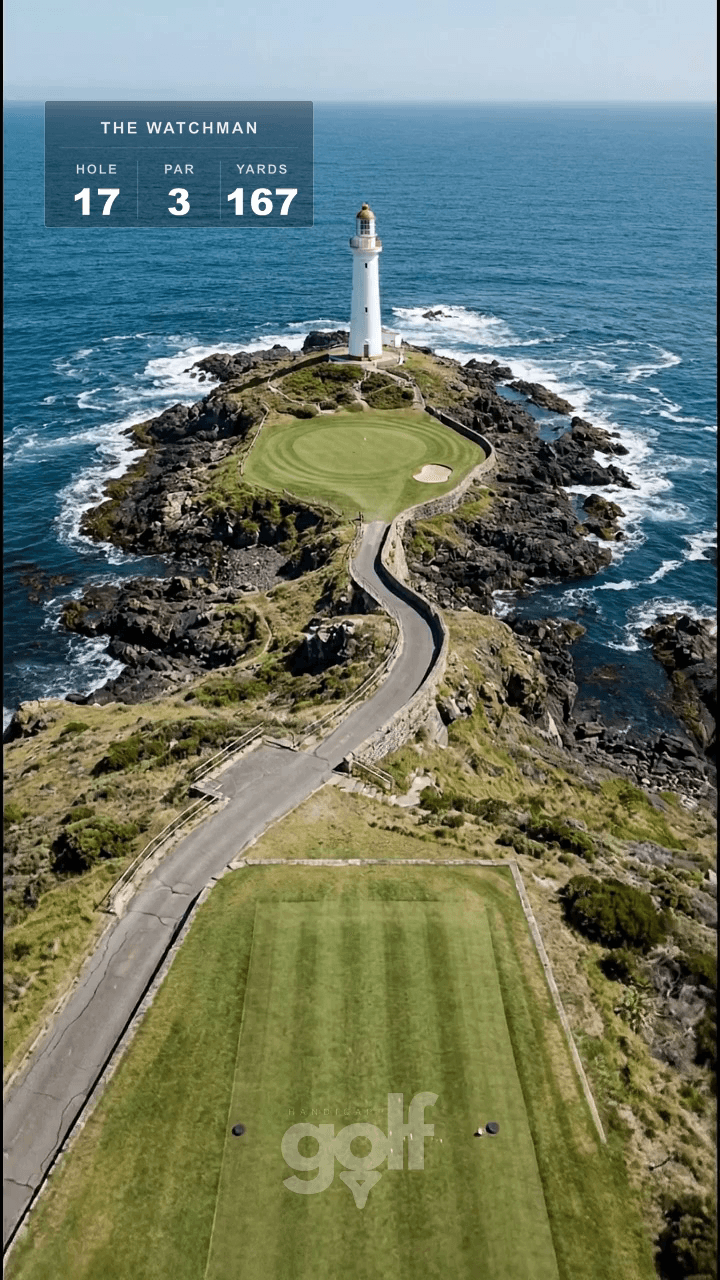AI-imagined golf hole: a par 3 played out along a rocky headland to a green at the foot of a white lighthouse, the Atlantic breaking on both sides, with the old keepers road running the length of the spit