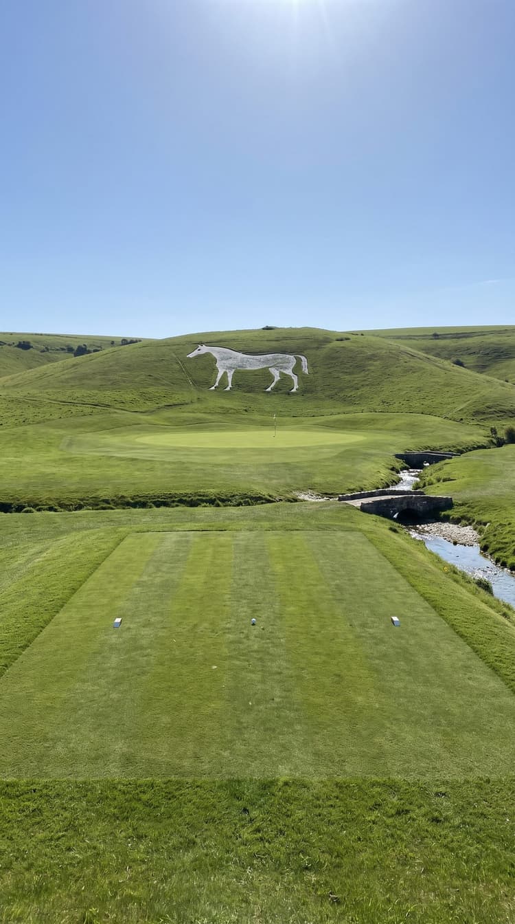 AI-imagined golf hole: a par 3 over a chalk stream with a white horse cut into the hill behind the green