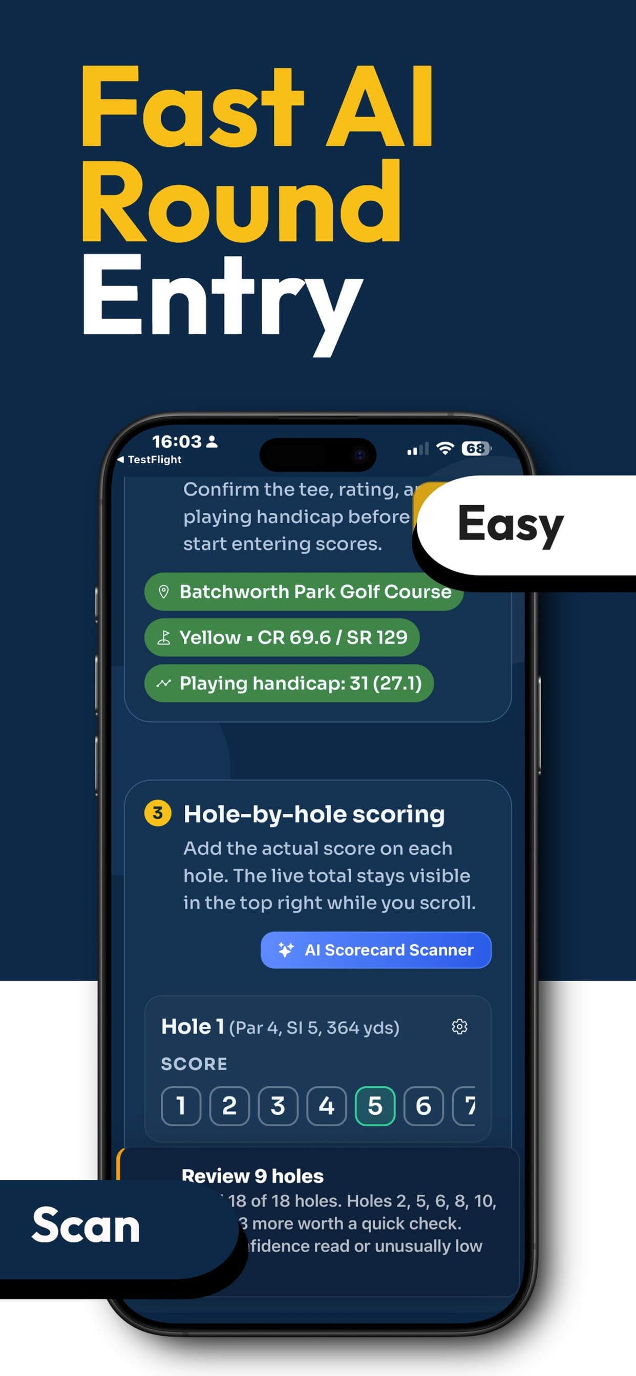 Golf Handicapp AI Scorecard Scanner reading scores from a photo