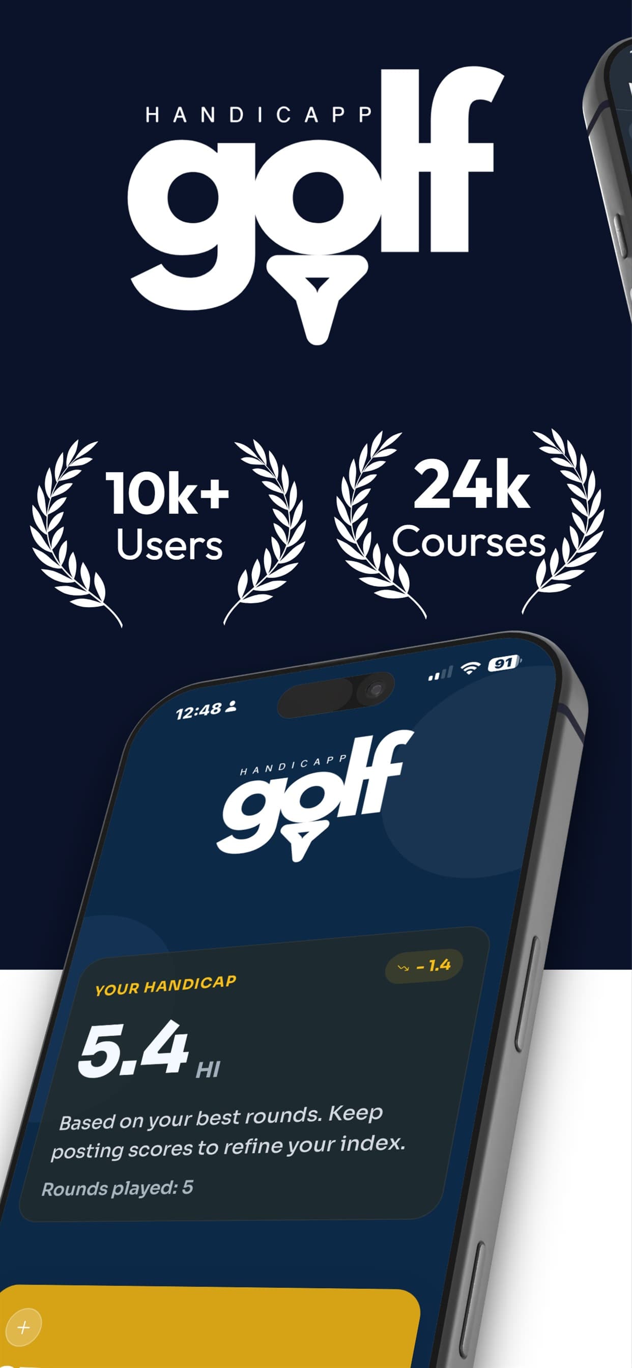 Golf Handicapp app: 10k+ users tracking their handicap across 24k courses, showing a handicap index card on the home screen