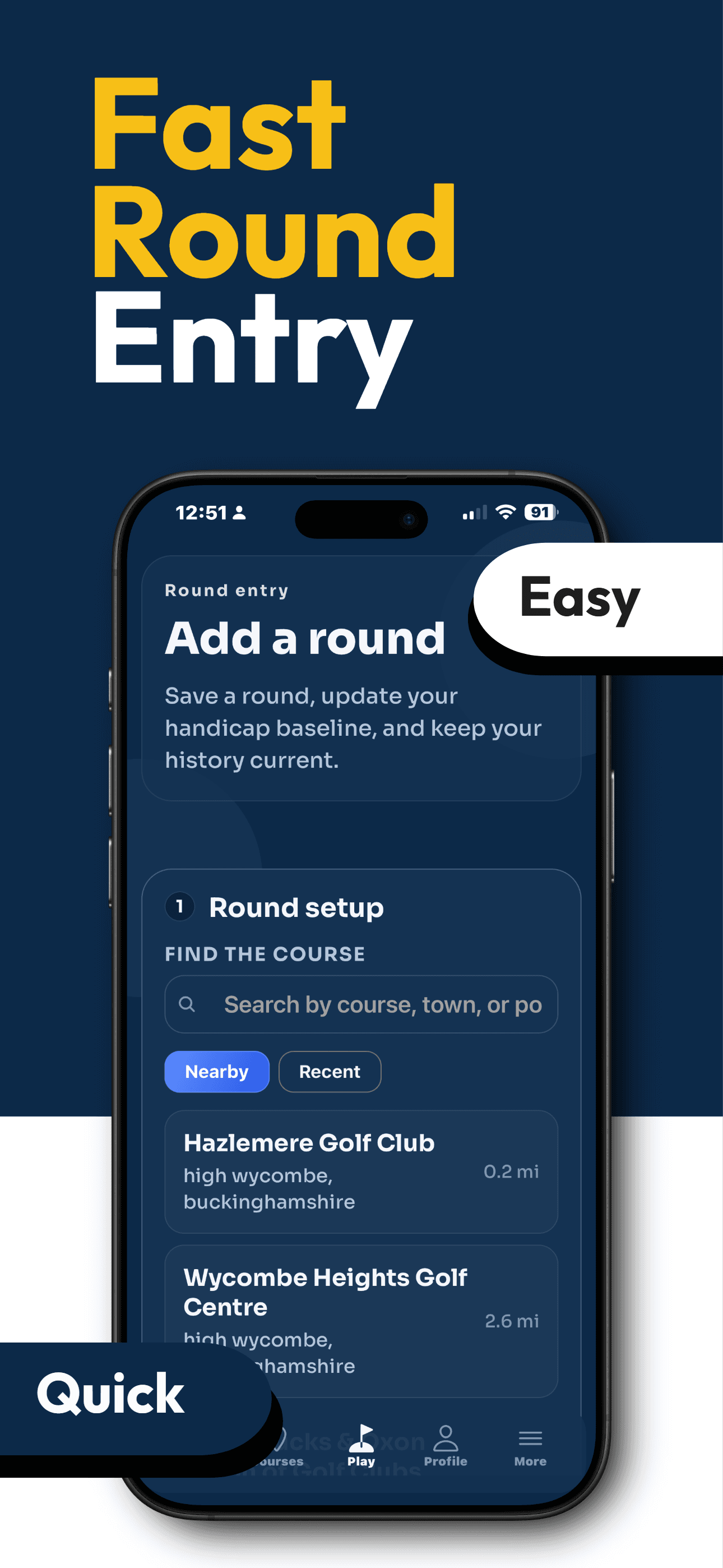 GolfHandicapp round entry screen with course search